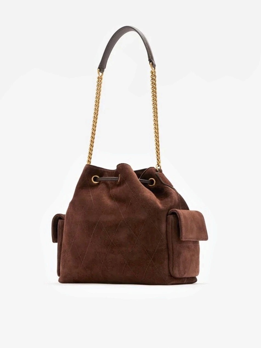 Tory Burch Charlie Quilted Suede Drawstring Shoulder Bag Brown - Picture 3 of 4